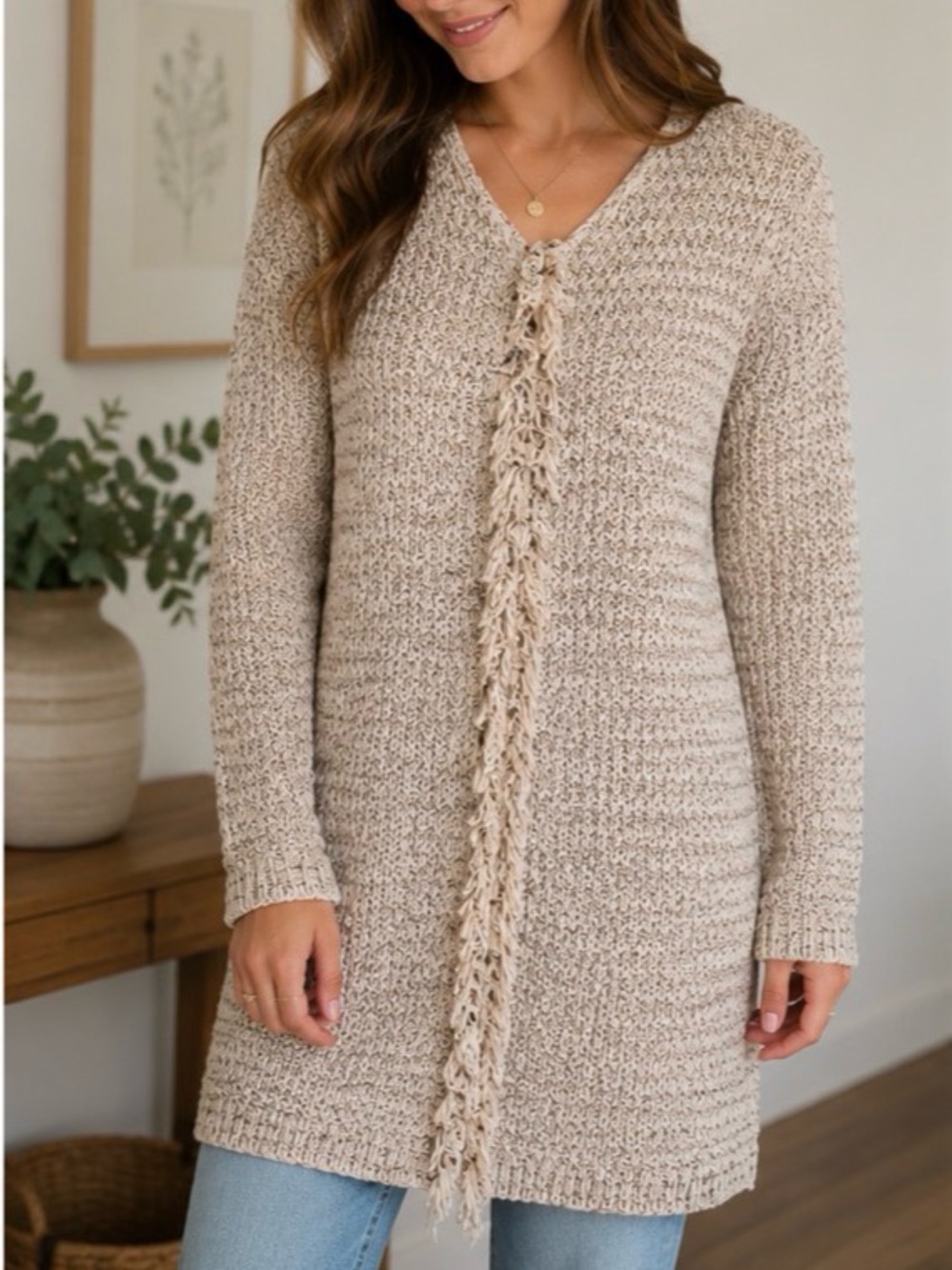 Peck & Peck Women’s Sweater Cardigan Fringe Trim Neutral Long Sleeve Small Knit - Picture 2 of 8